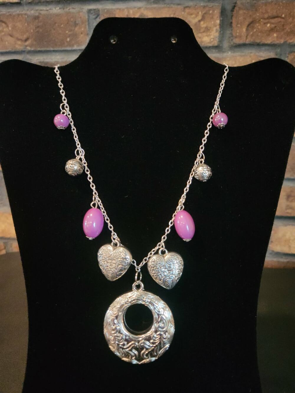 Silver Toned Charm Necklace Circular Pendant Heart Charms & Purple Bead Accents